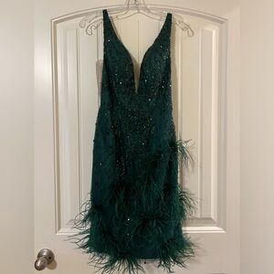 Emerald Green Beaded and Feathers Cocktail Dress